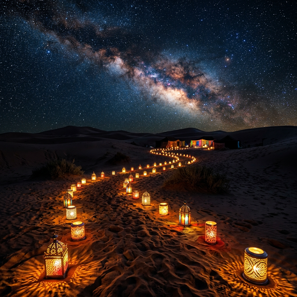 Desert path with lanterns leading to tents under the Milky Way galaxy