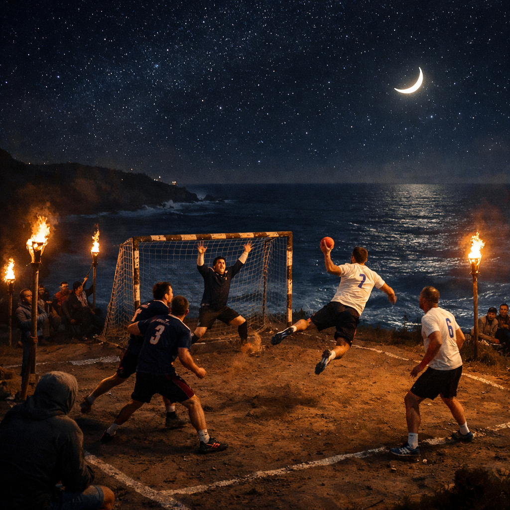 Handball players on a beach court at night with torches and a crescent moon