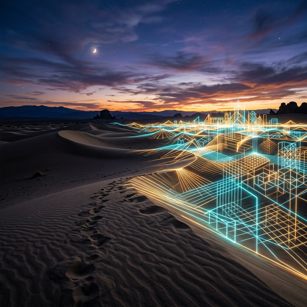 Digital neon city outlines superimposed on desert dunes under twilight sky