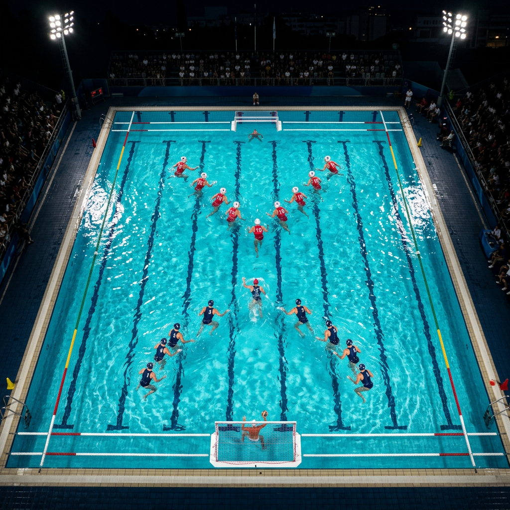 Water polo players in red and blue caps competing in a pool under bright stadium lights at night