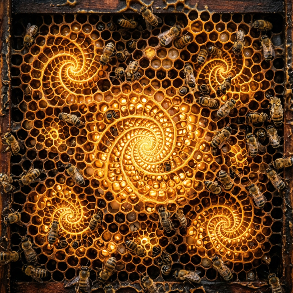 Honeycomb with bees and glowing fractal spiral patterns on cells