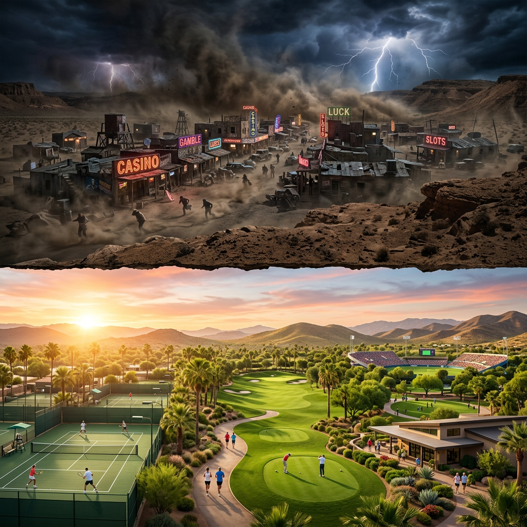 Stormy desert casino town with dust storm and lightning above; peaceful golf course and tennis courts at sunset below