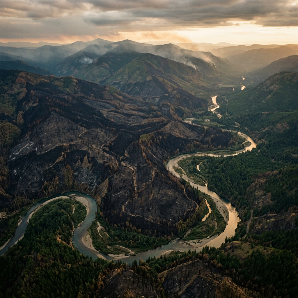 Mountainous forest valley showing areas burned by wildfire with winding river and smoke