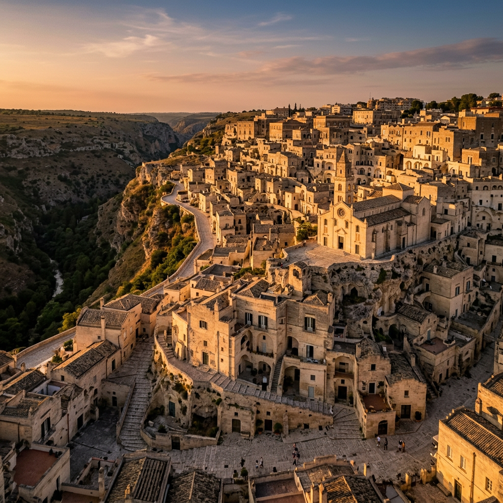 Historic stone buildings densely packed on a hilltop with a central church