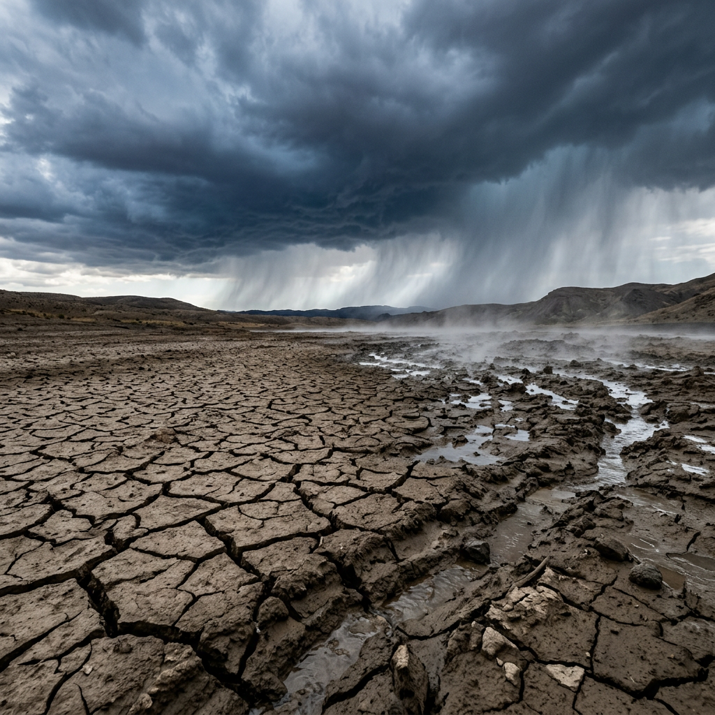 Cracked, dry earth in foreground with dark clouds and rain falling in distance