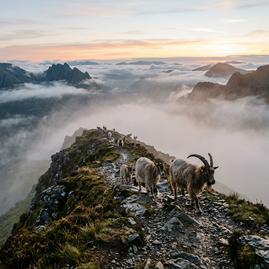 Mountain goats walking on a rocky ridge surrounded by mist and mountains at sunrise