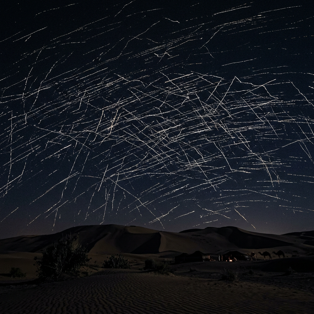 Night sky with crisscrossing star trails above desert dunes