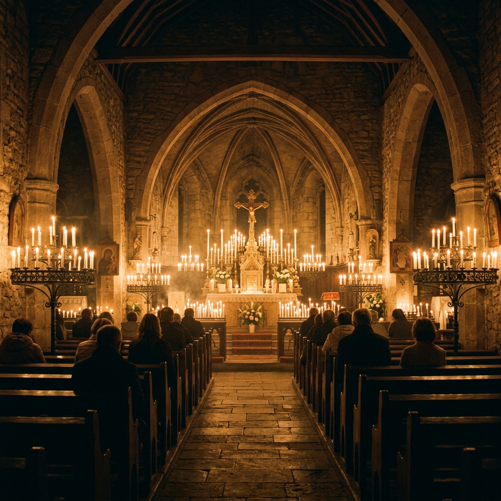 People sitting in pews in a stone church with a candlelit altar and cross.