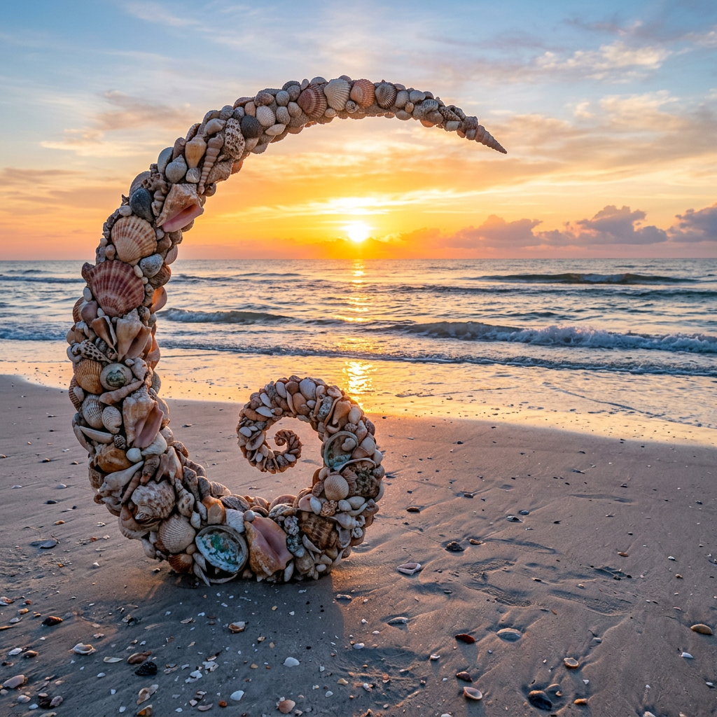 Spiral seashell sculpture standing on a sandy beach with ocean waves and a sunrise in the background