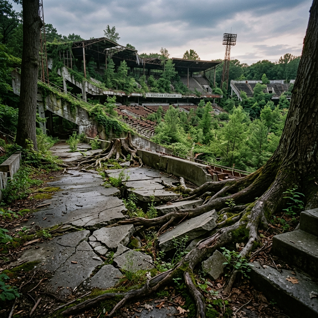 Abandoned stadium with cracked concrete, tree roots spreading, and dense greenery growing over seats and structures