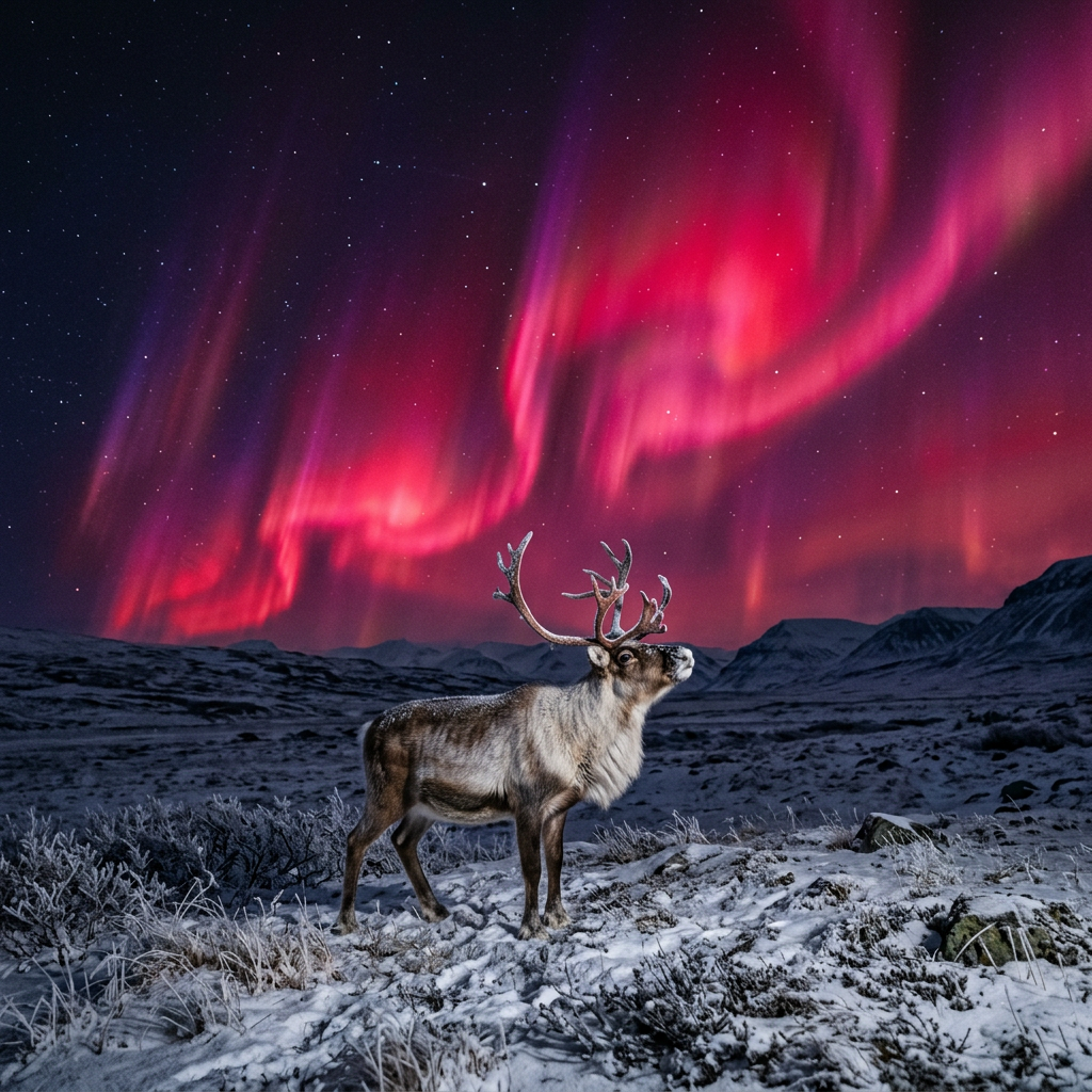 Reindeer standing on snowy ground at night with red and purple northern lights and stars in the sky