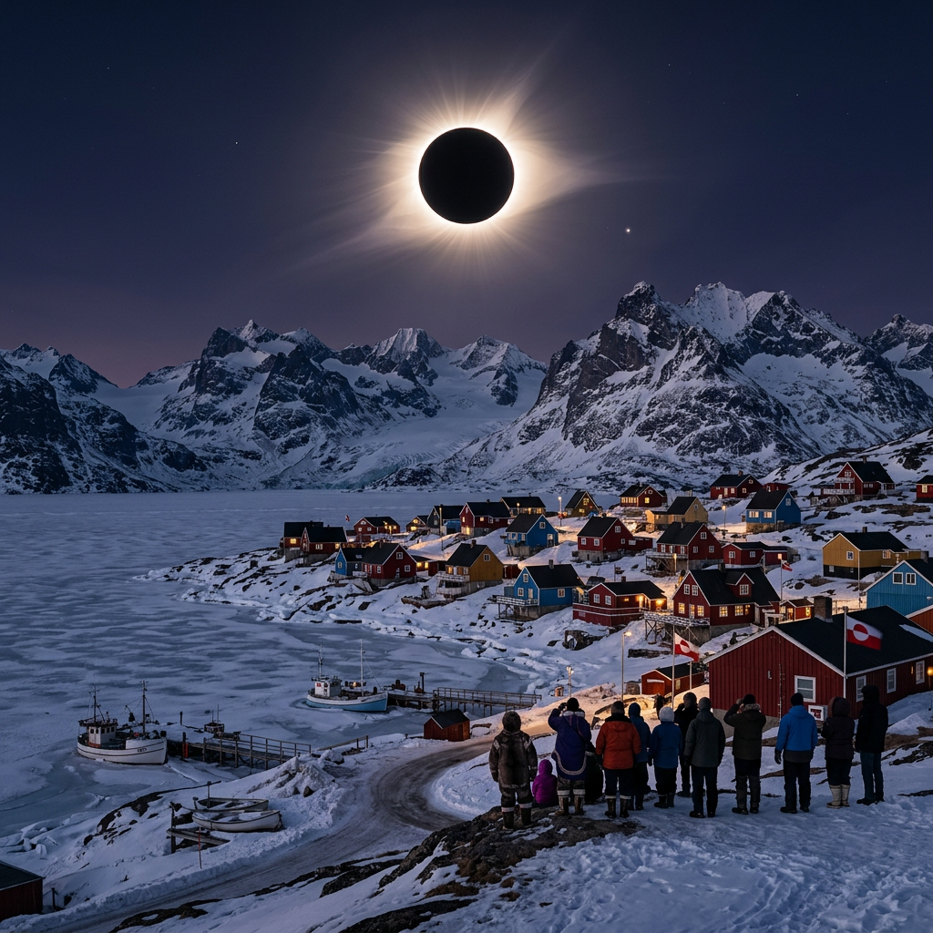 Total solar eclipse over snow-covered Arctic village with people watching