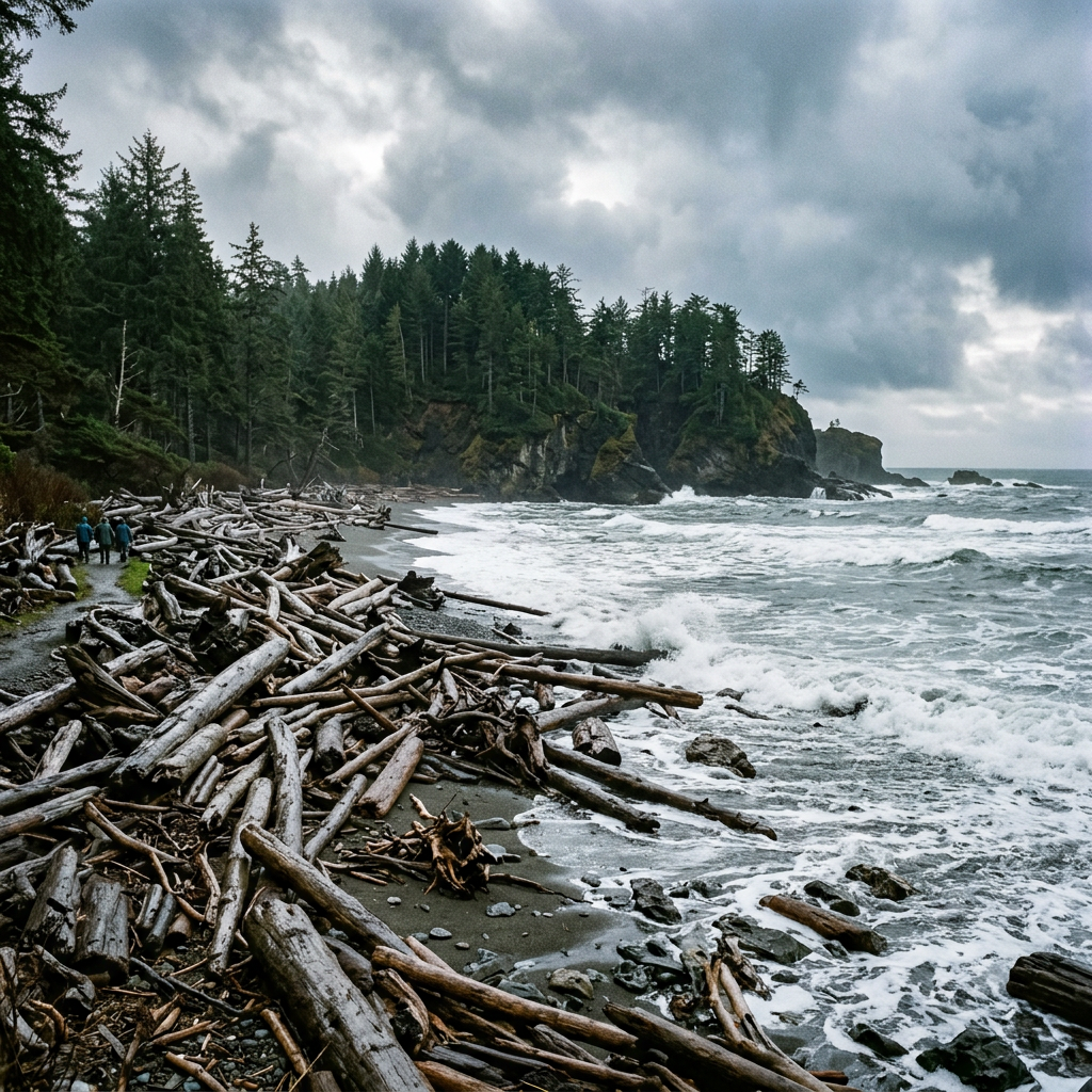 Driftwood-strewn shoreline with rough ocean waves and dense forest