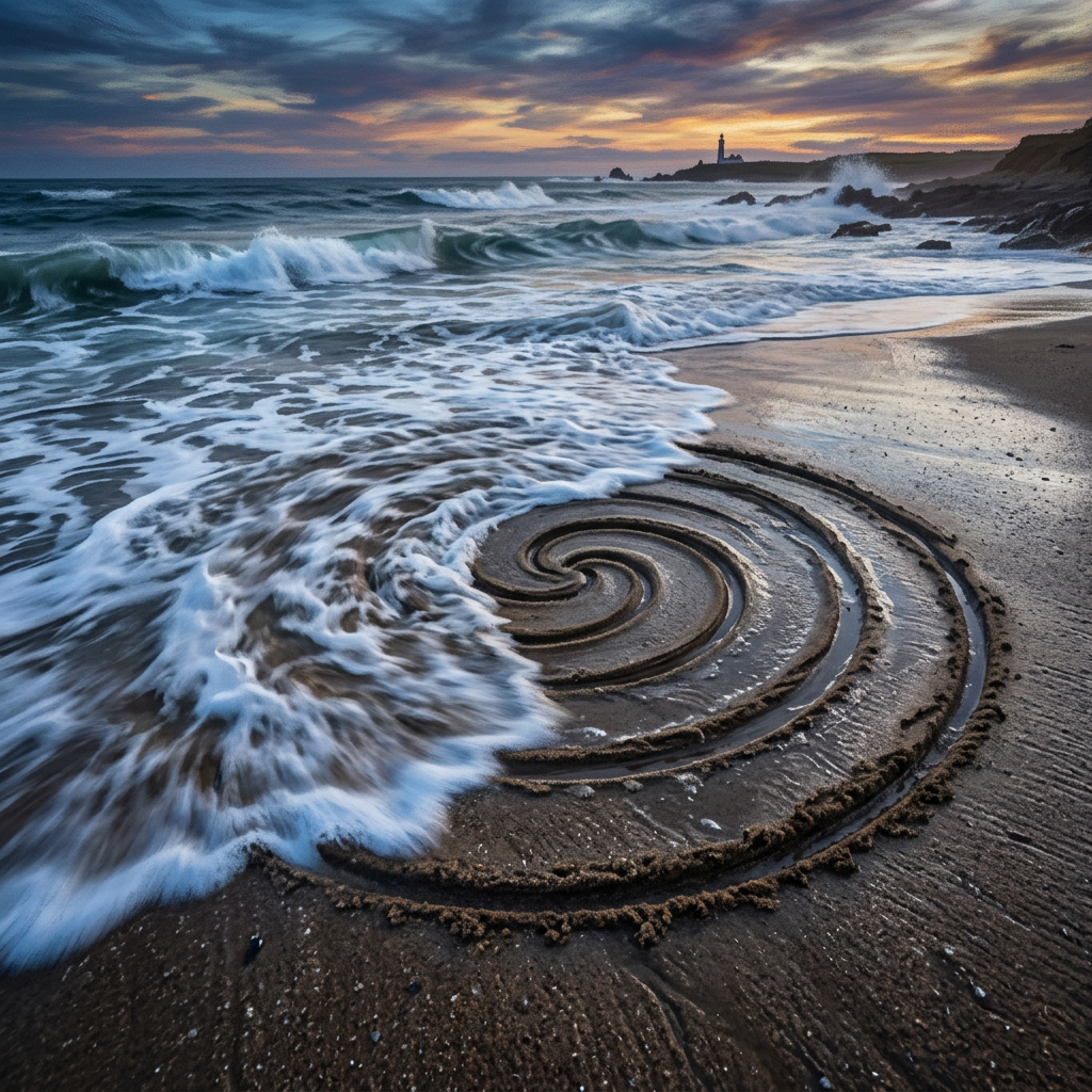 Spiral pattern drawn in wet sand partially covered by ocean waves at sunset