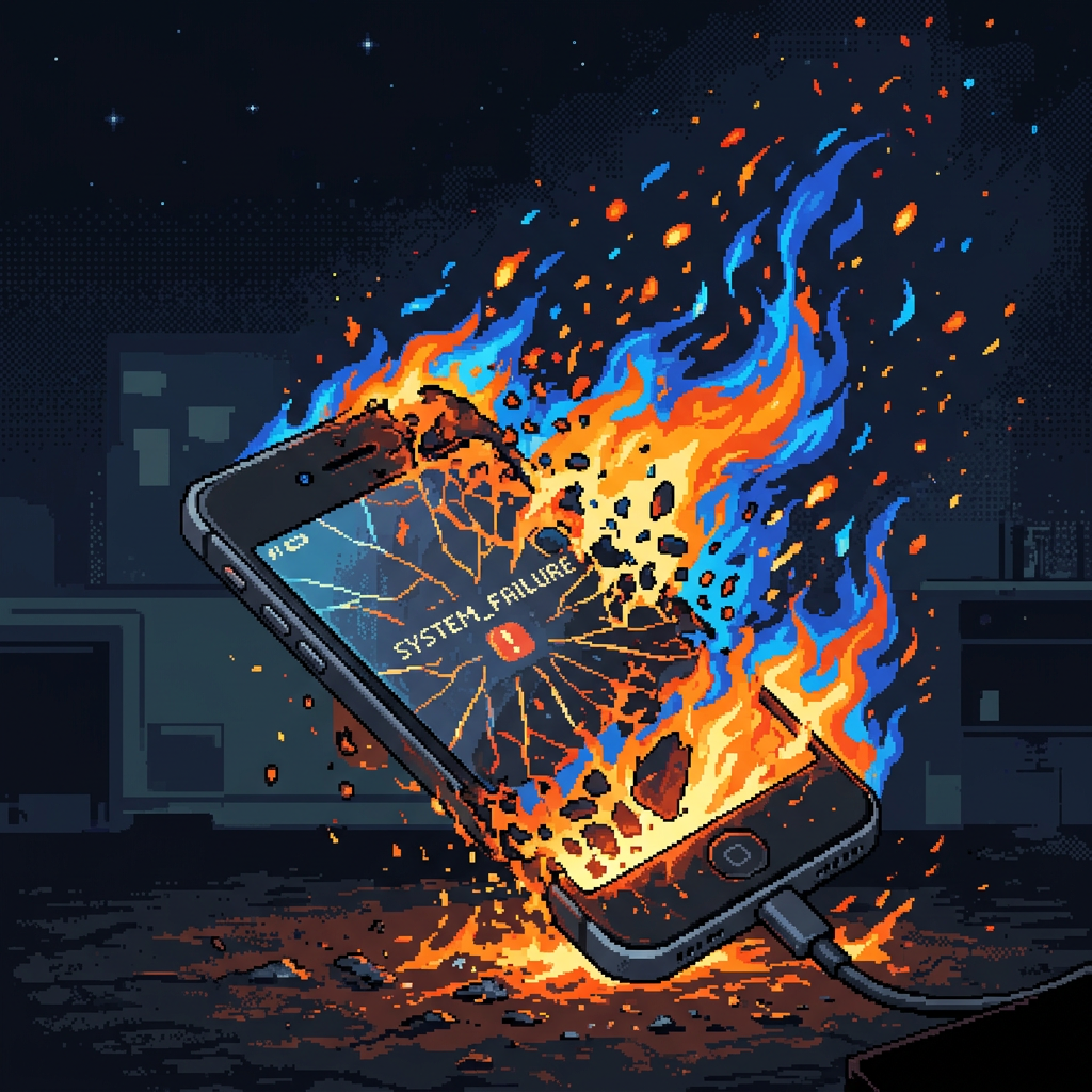 Pixel art phone engulfed in flames with cracked screen displaying 'SYSTEM_FAILURE' error