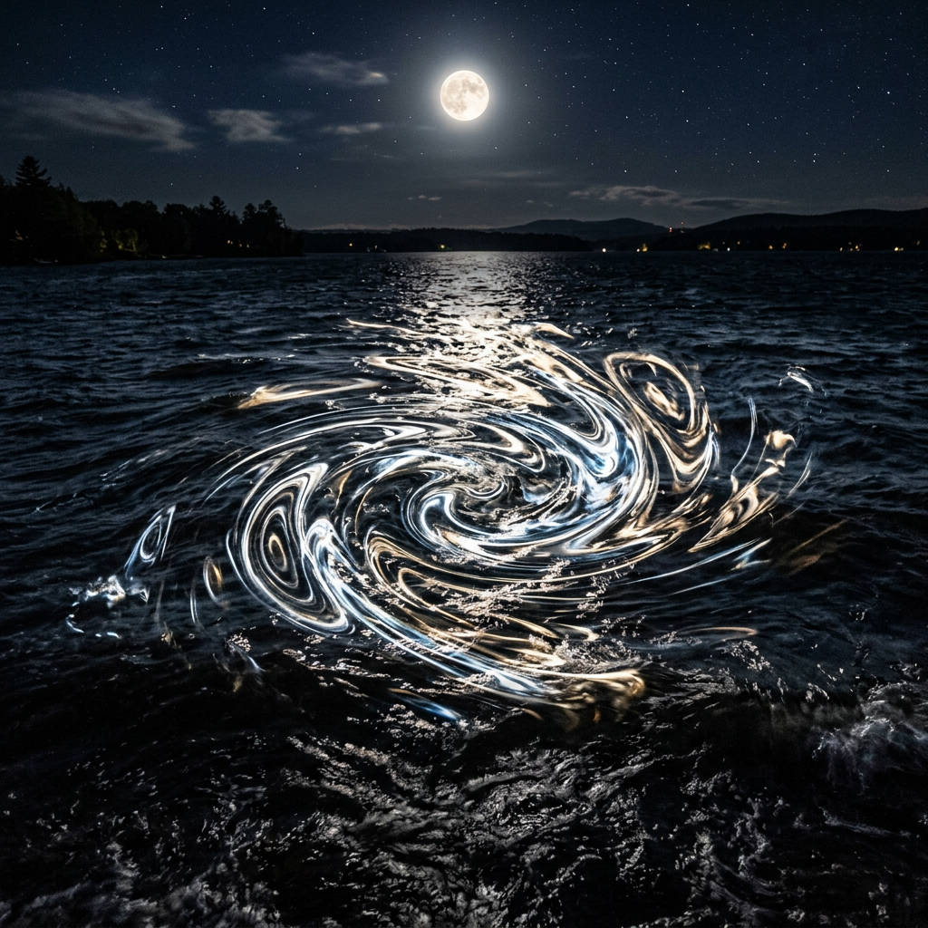 Nighttime lake with a bright full moon and a swirling glowing water vortex reflecting moonlight