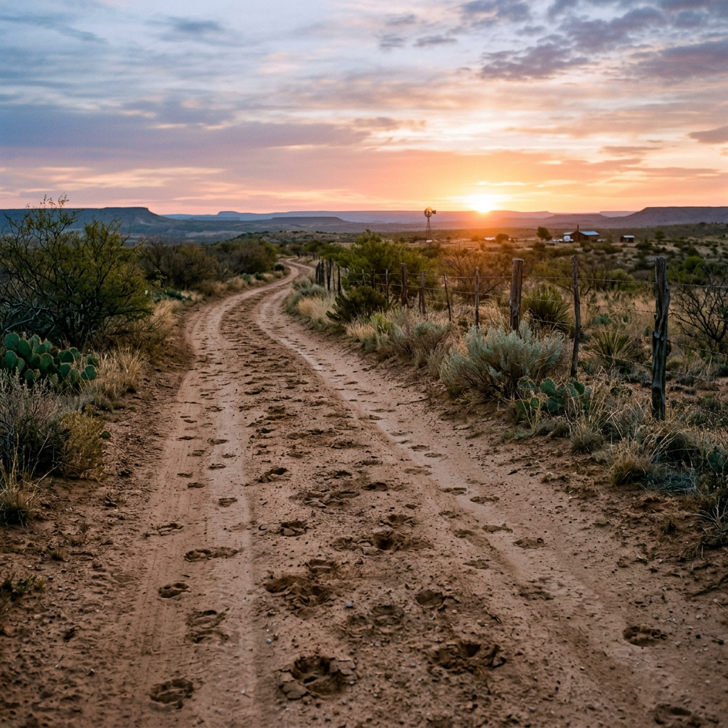 Dirt road with animal tracks winding through desert vegetation at sunset