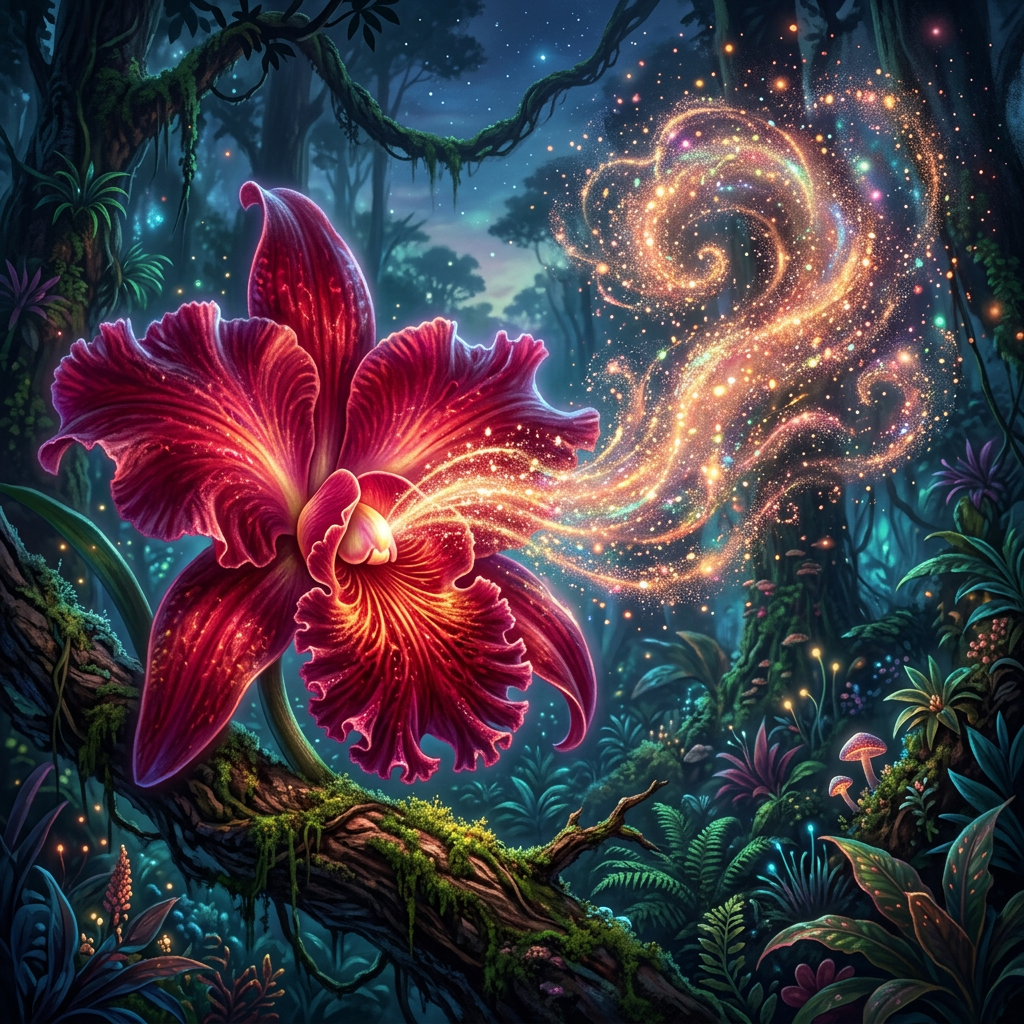 Glowing red flower with sparkling magical dust in a dark forest