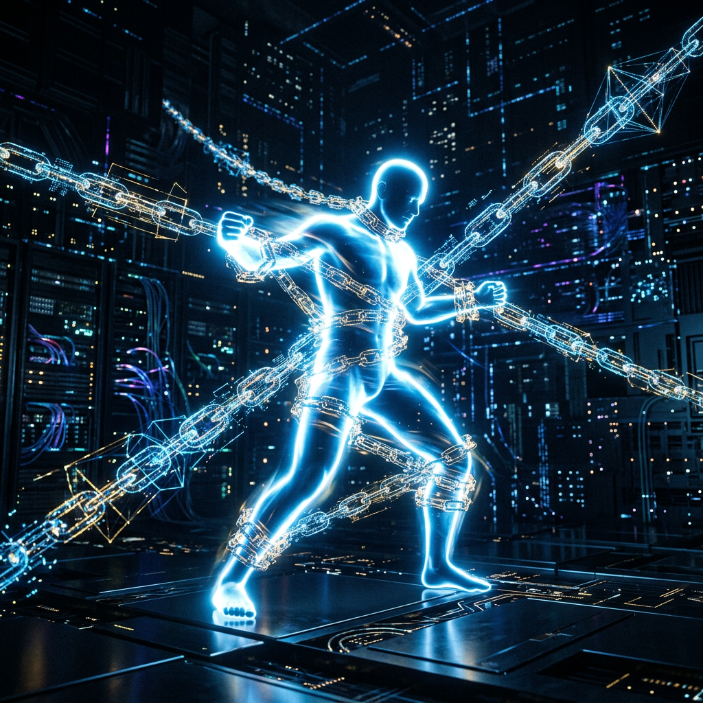 Glowing digital human figure restrained by blockchain chains in a technology environment