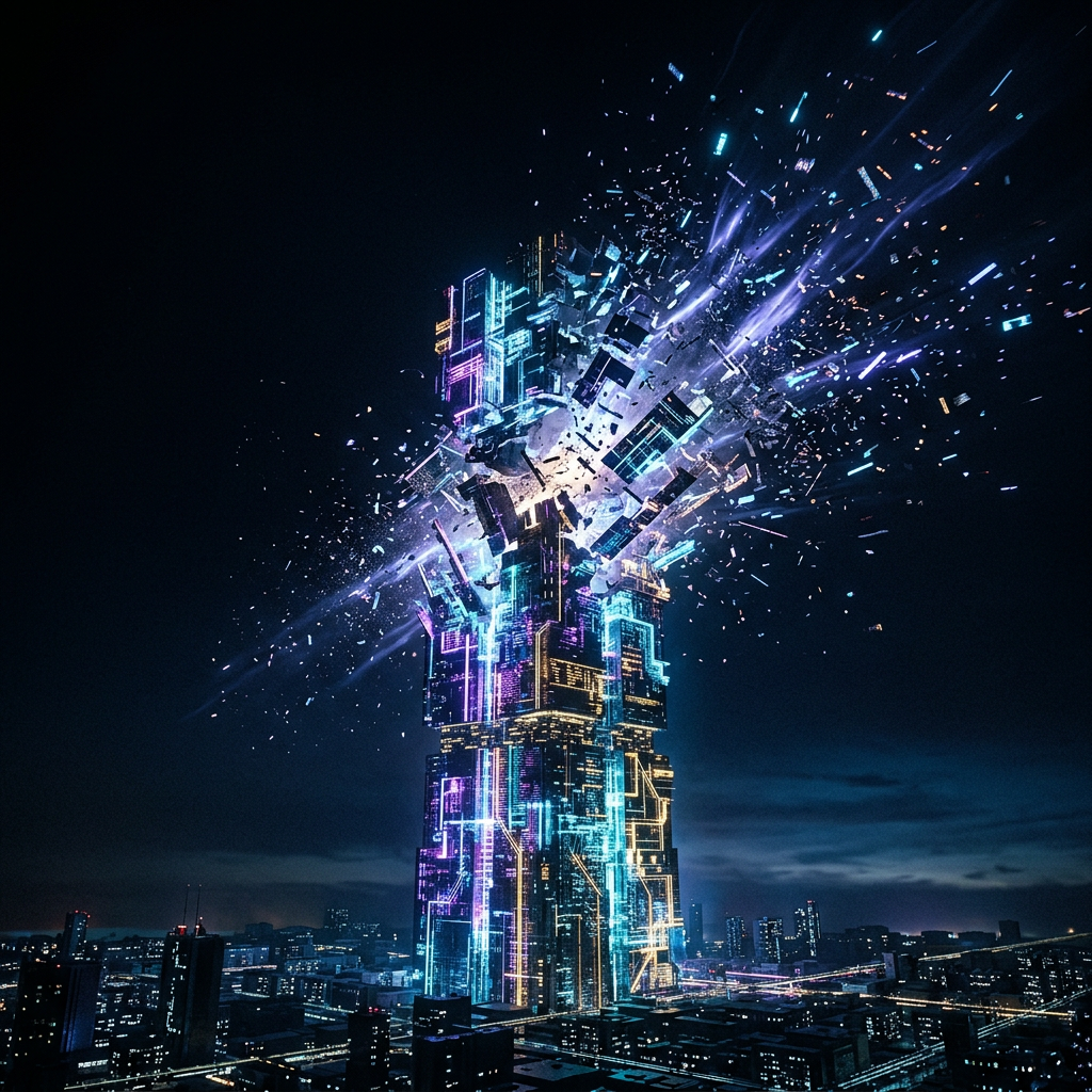 Neon digital skyscraper exploding into pieces with glowing fragments