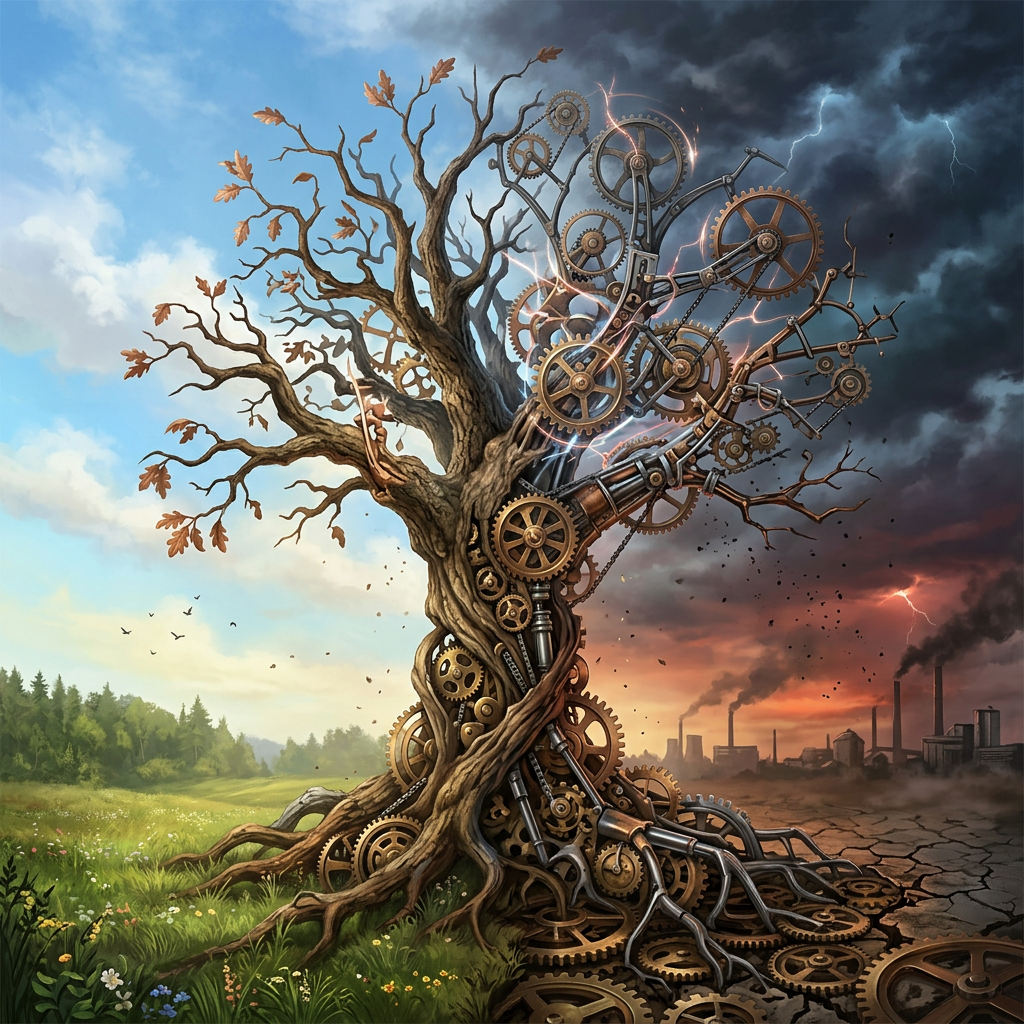 A tree merging with mechanical gears and industrial smoke in the background