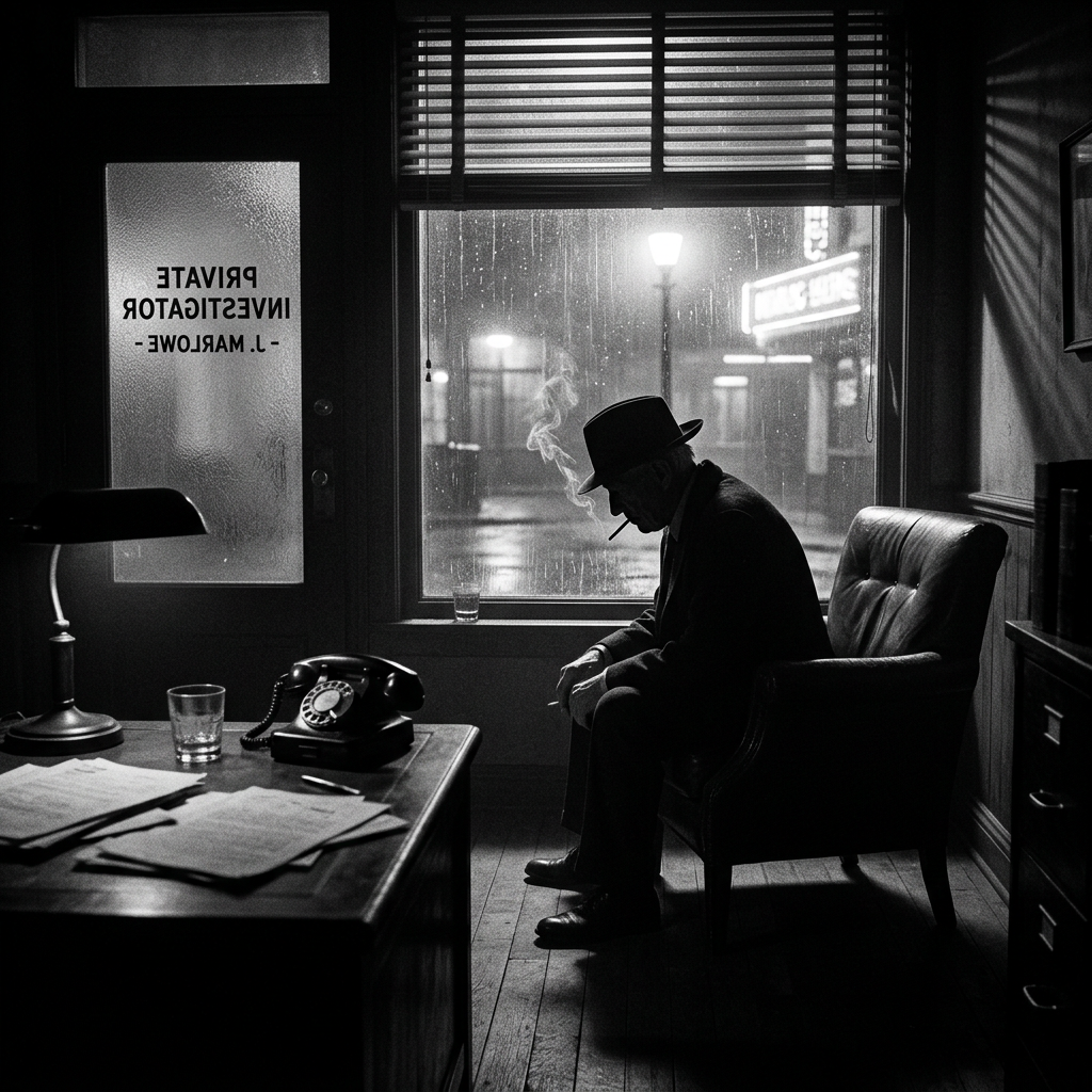 Silhouetted man with hat smoking in a private detective office at night