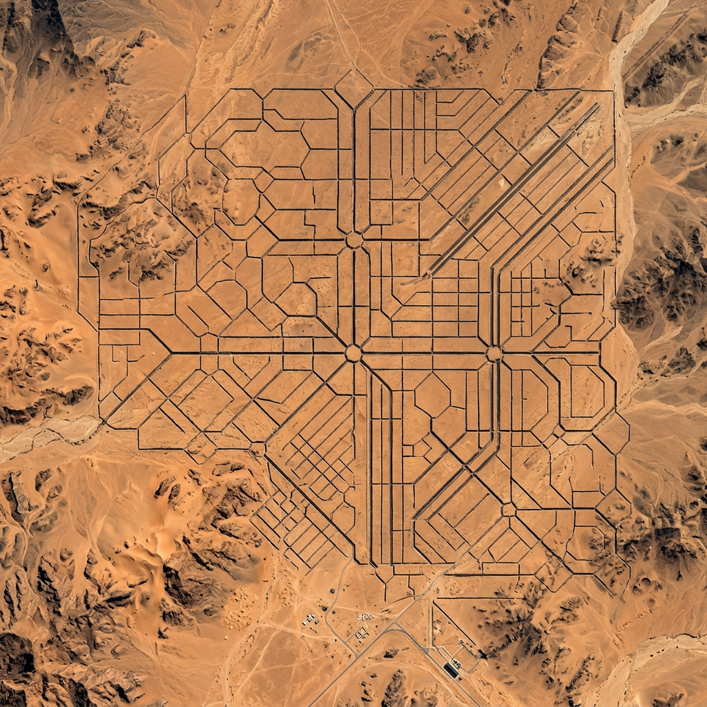 Aerial view of a geometric street grid etched into a desert terrain