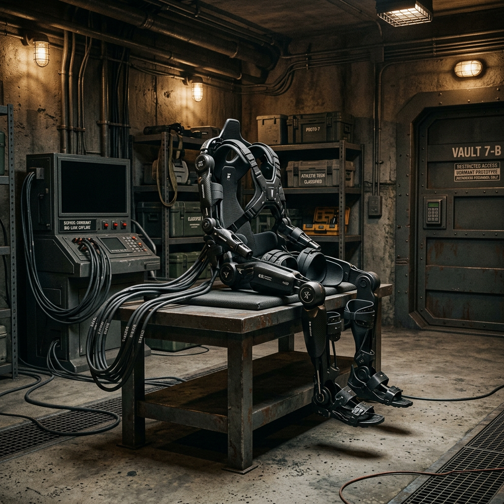 Exoskeleton suit on table connected to a computer in a dim secure laboratory