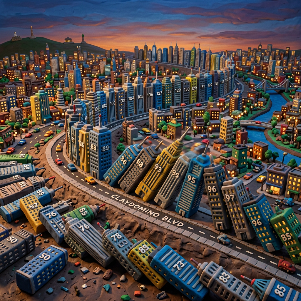 Miniature urban cityscape with colorful, numbered clay buildings along Claydomino Blvd at sunset
