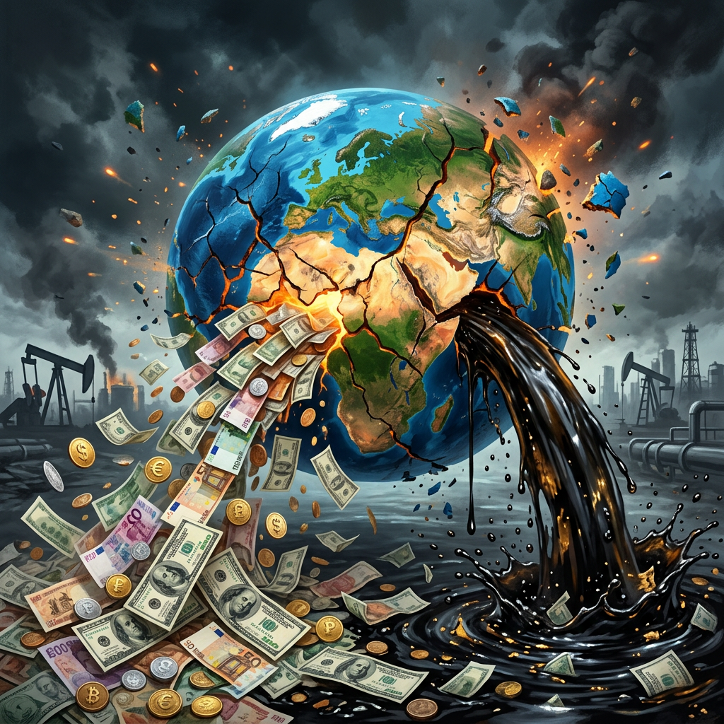 Earth cracked releasing flowing oil and various international currencies