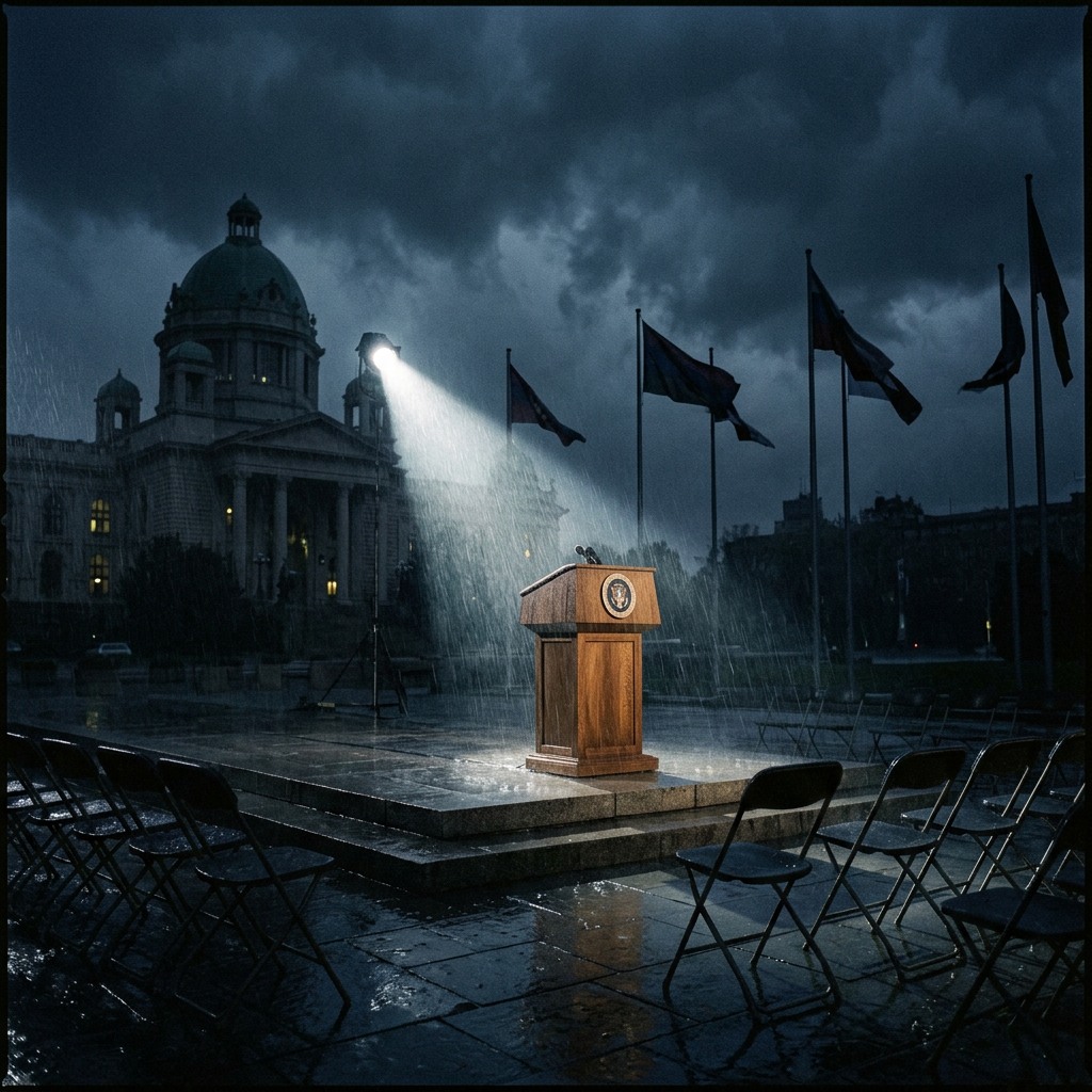 Empty presidential podium spotlighted in rain at night with empty chairs and flags in background