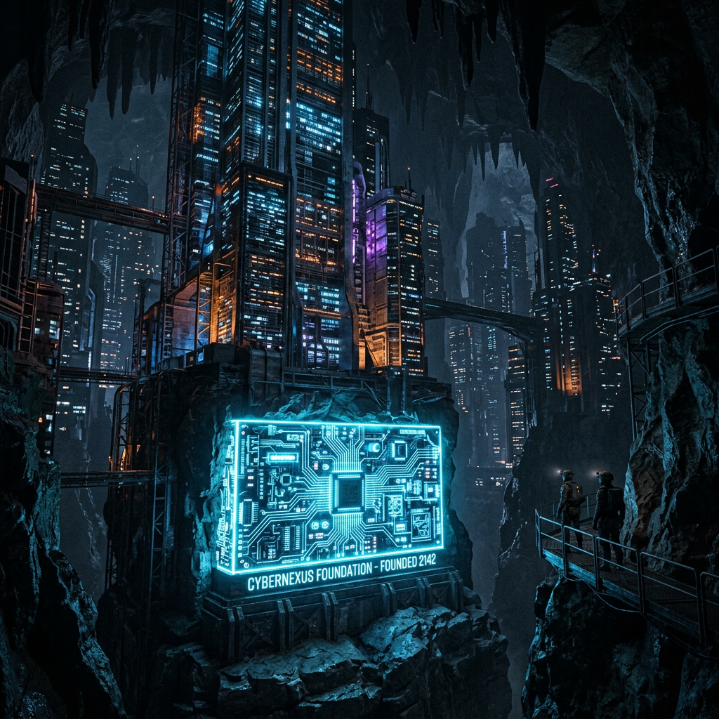Futuristic city with illuminated skyscrapers and neon circuitry sign inside a dark cave with two people on a walkway