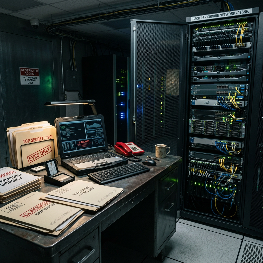 Workstation with classified documents, laptop showing classified data, and server racks in secure room