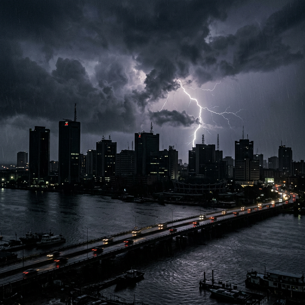 Lightning bolt illuminating dark clouds over city skyscrapers at night