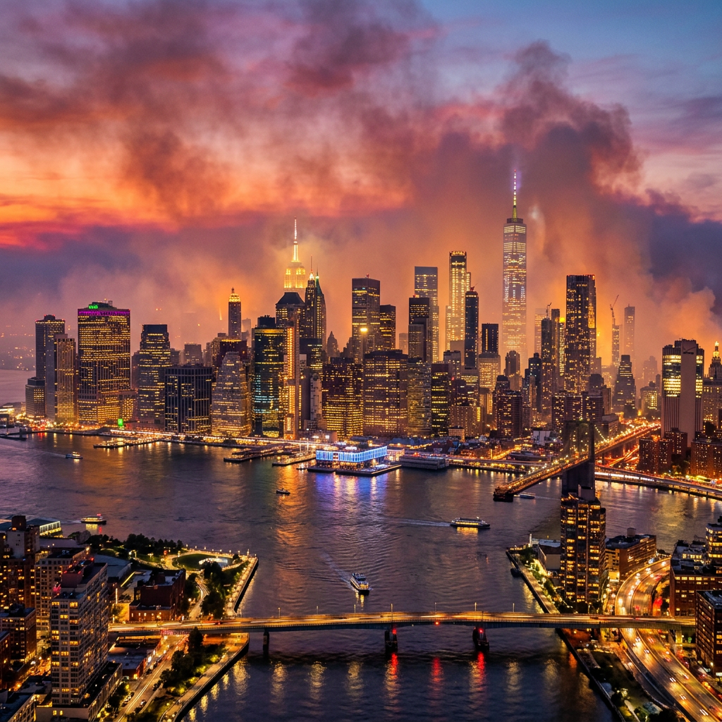 Manhattan skyline at sunset with illuminated buildings and bridges over the river