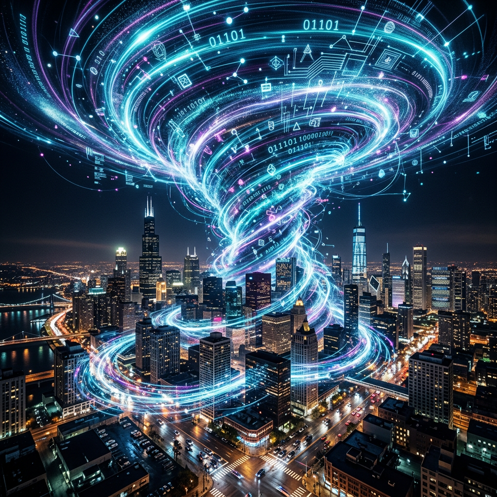 Bright digital tornado with binary code and icons spiraling above a city skyline at night