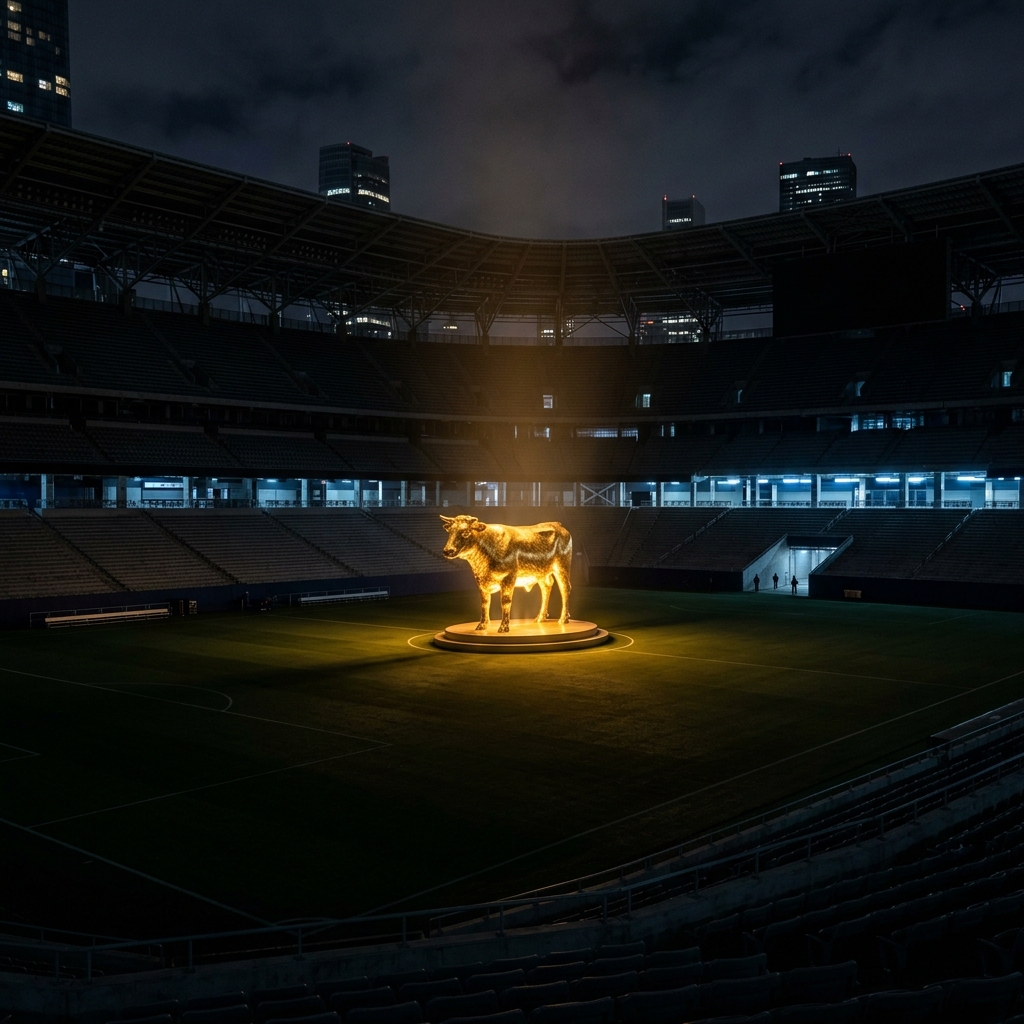 Golden bull sculpture illuminated in the center of a dark stadium field at night