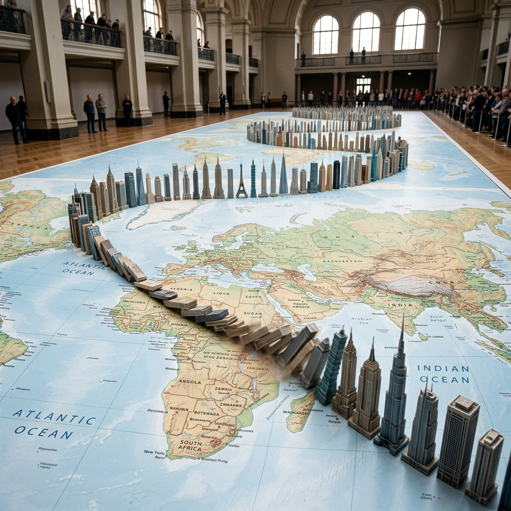 Models of famous skyscrapers placed on world map in spiral
