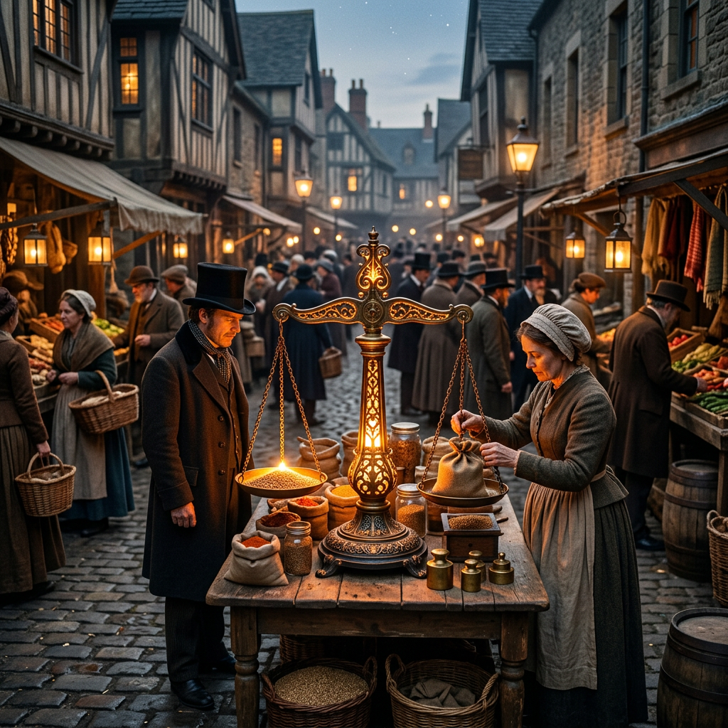 Victorian market vendor weighing spices on ornate balance scale with customer