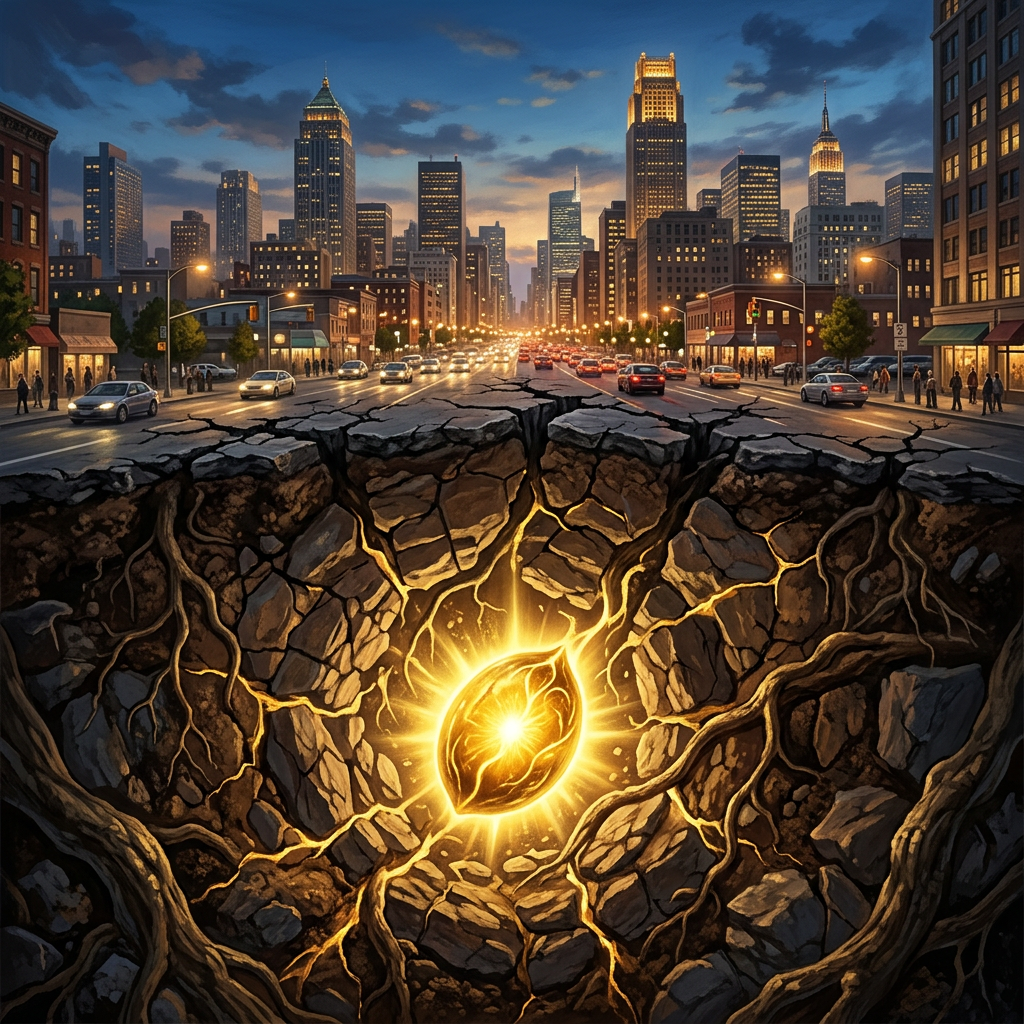 Cracked city street revealing glowing seed-like core underground