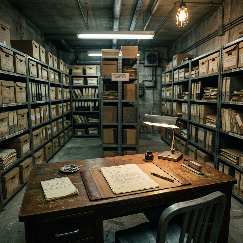 Archive room with metal shelves holding numerous labeled boxes and folders, wooden desk with papers, pen, ink bottle, lamp, and ashtray.