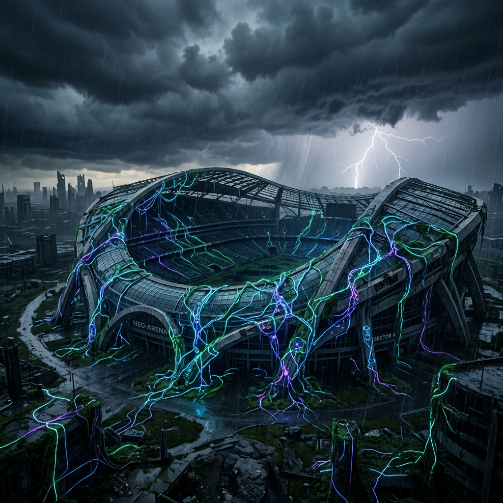 Futuristic stadium with glowing electric streams during a storm with lightning