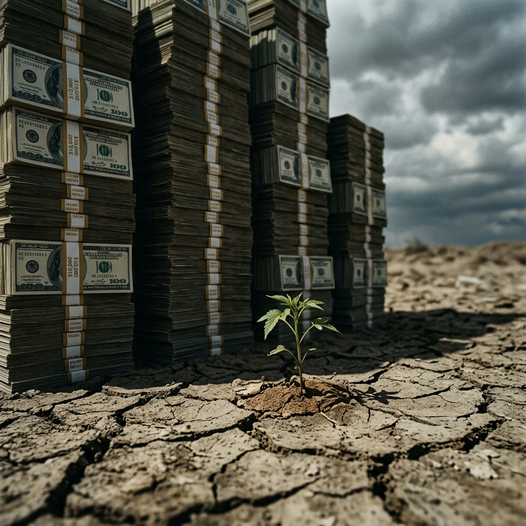 Small green plant sprouting from cracked dry soil beside tall stacks of bundled US hundred-dollar bills