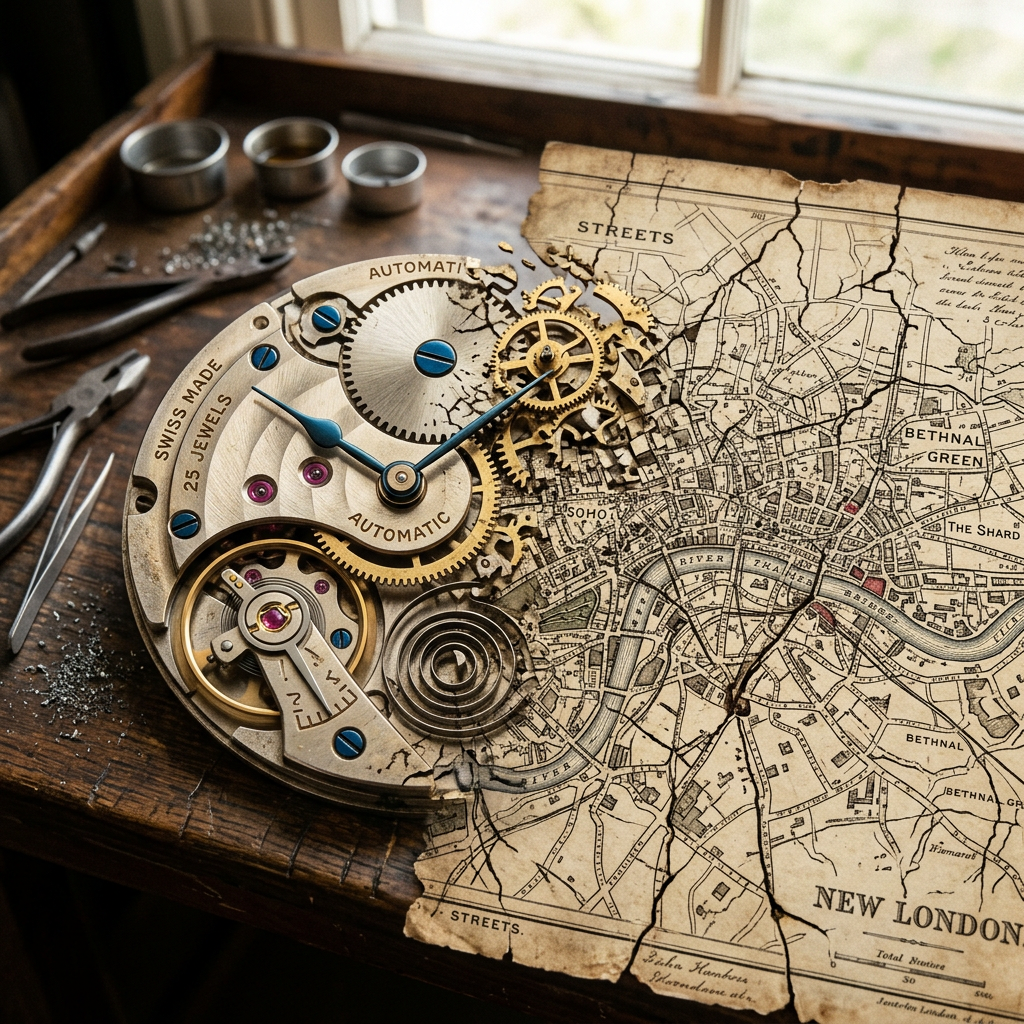 Watch mechanism transitioning into a cracked vintage map of New London