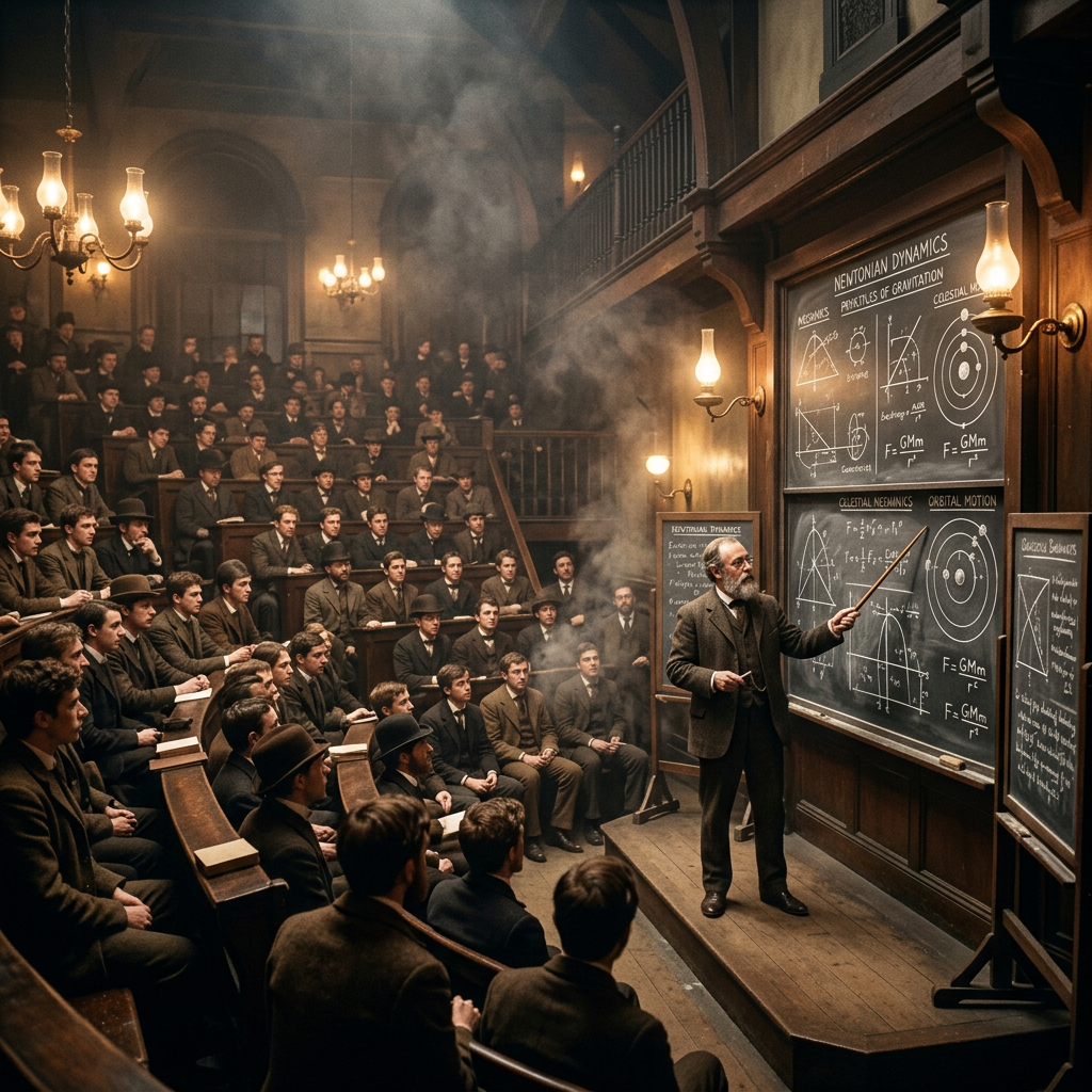 Professor teaching Newtonian dynamics to students in a vintage lecture hall