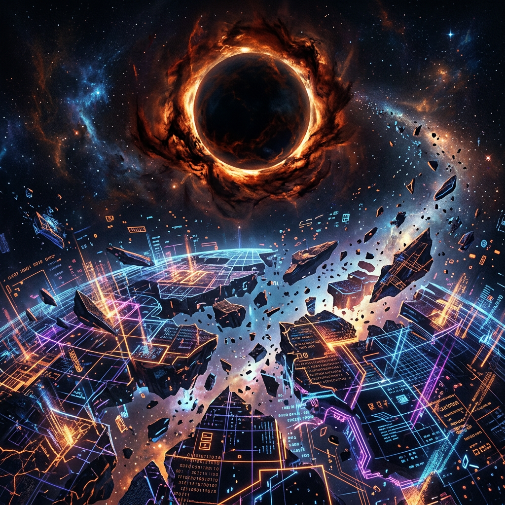 Glowing fragments of a digital universe with data grids breaking apart near a bright black hole