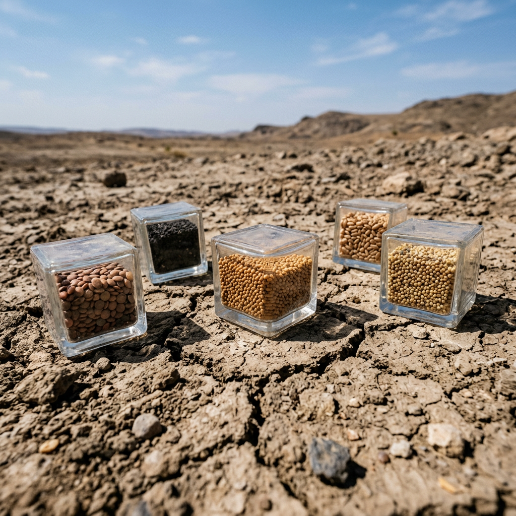 Glass cubes containing different seeds placed on parched cracked soil outdoors