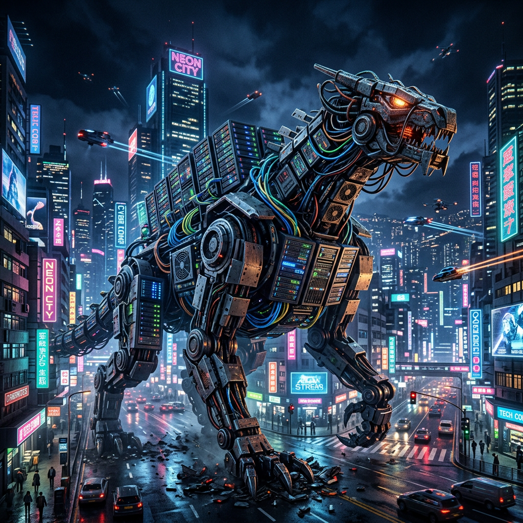Giant robotic dinosaur with computer servers walking through neon city streets at night