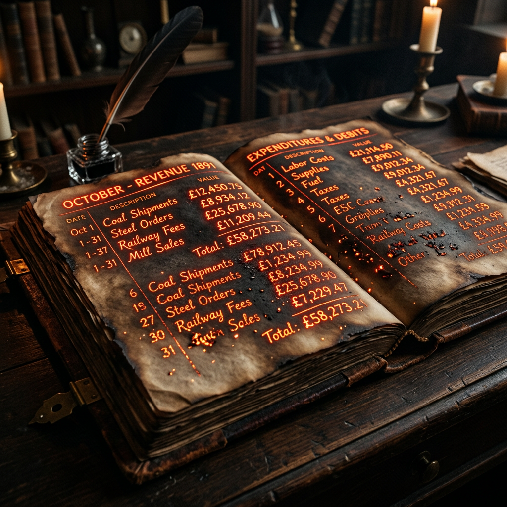 Open antique ledger book displaying October 1891 revenue and expenditures in glowing text