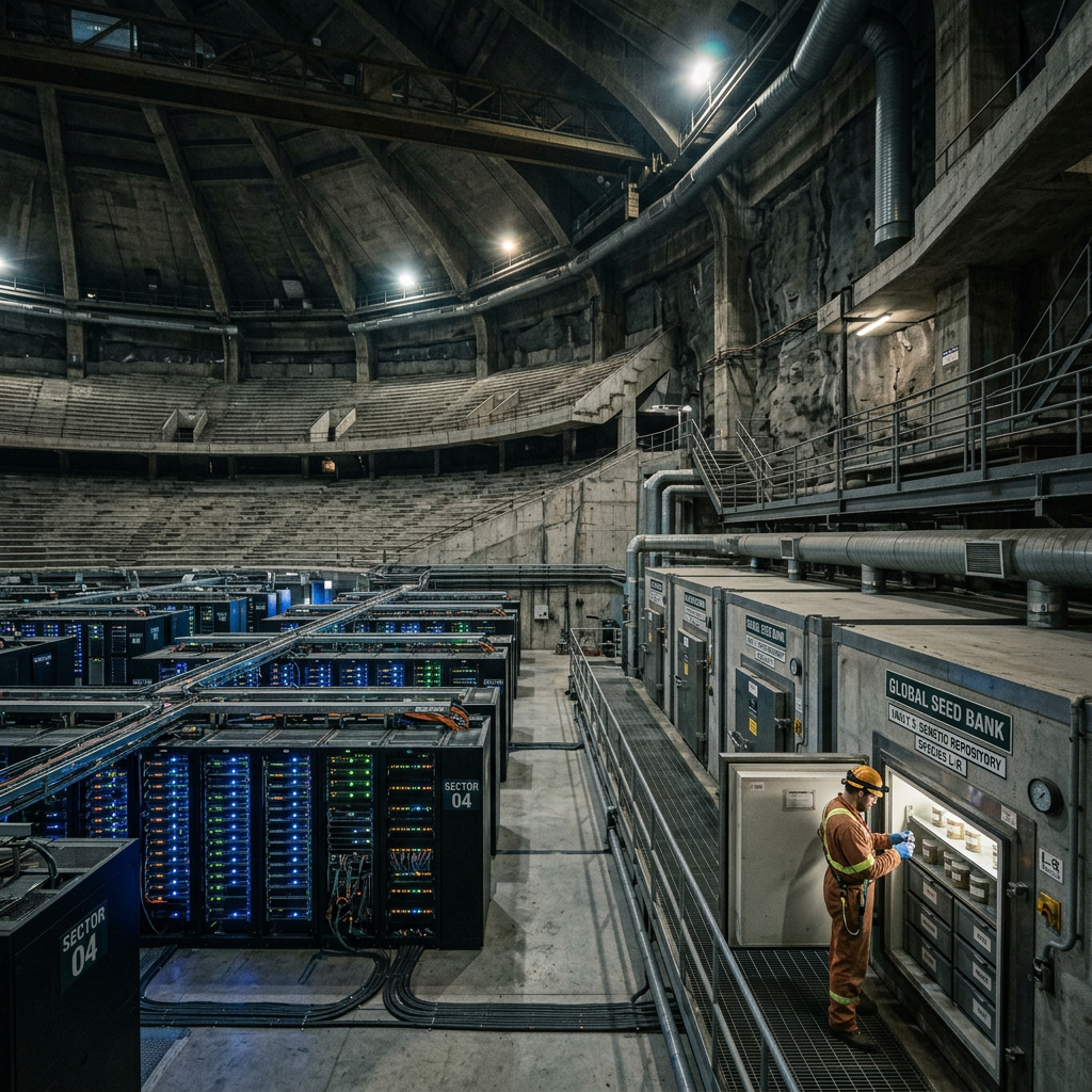 Person inspecting jars in a global seed bank inside underground vault with rows of servers